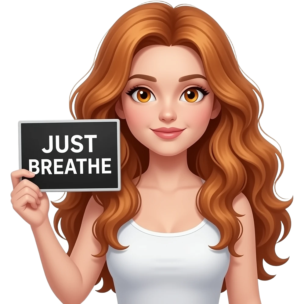 sexy girl with long wavy ginger hair and ginger eyes wearing a white tanktop is holding a black colored sign with JUST BREATHE written on it emoji