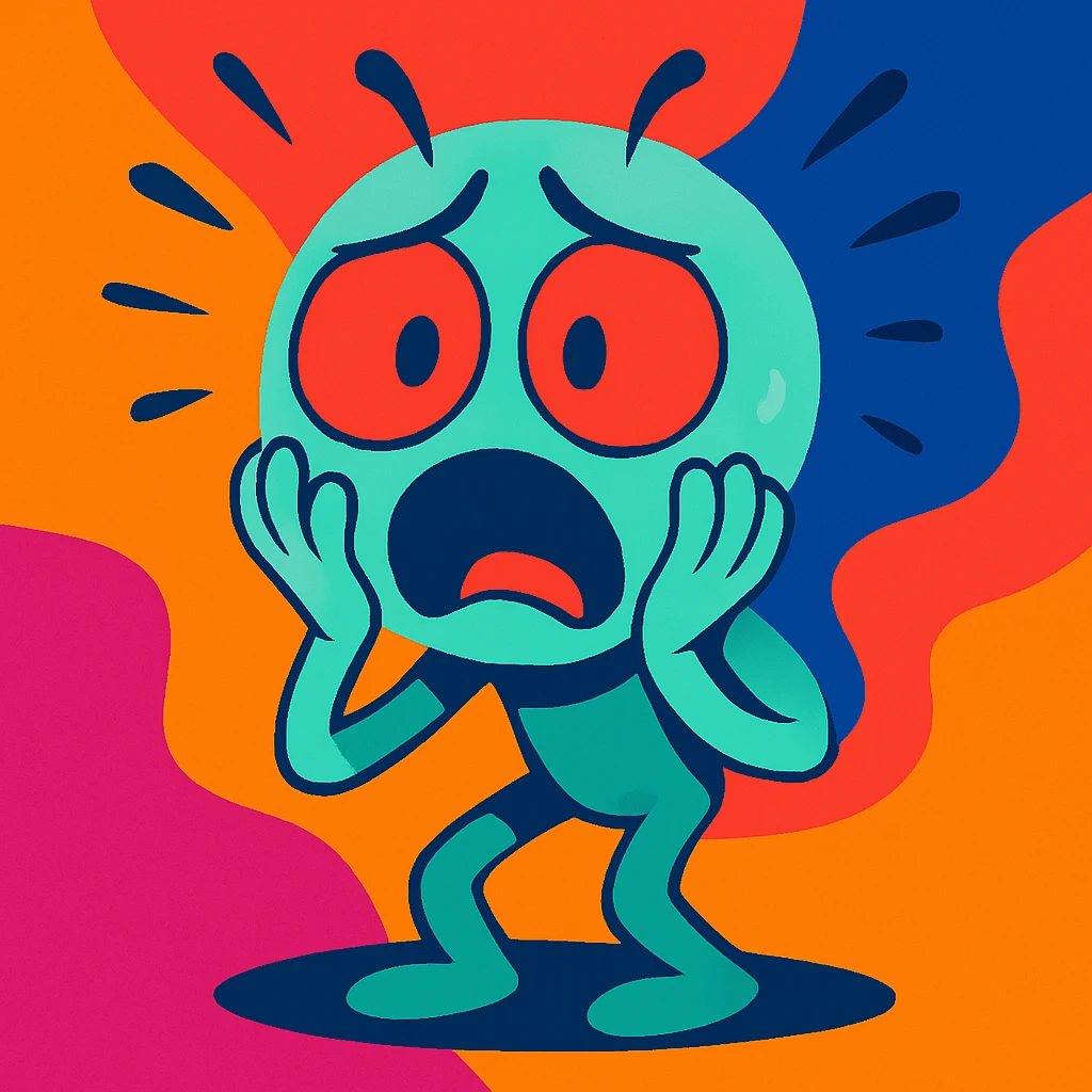 cute cartoon alien showing fear, vibrant toon style, colorful, expressive, scared emoji