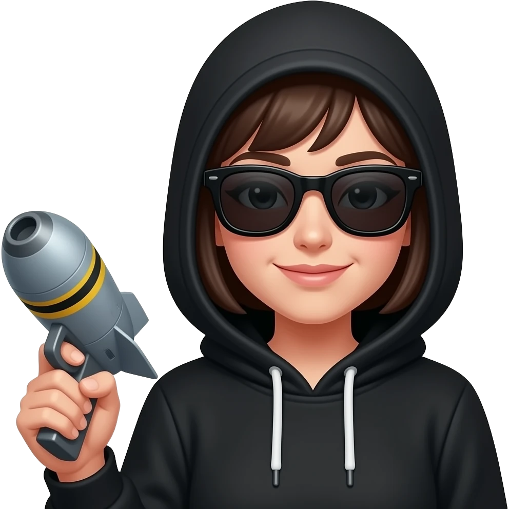 A girl wearing a Black hoodie with entire face is hidden in shadow. She’s wearing blacK sunglasses a closed mouth smirk on her face holding a nuke in one hand. One eyebrow raised emoji