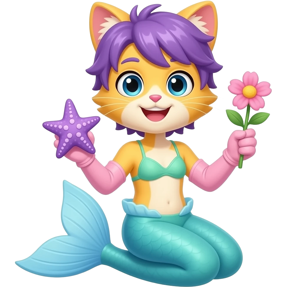 femboy yellow furry  cat  happy light blue  mermaid tail  and long light pink gloves light green swimsuit  with two purple starfish pink flower with purple hair emoji