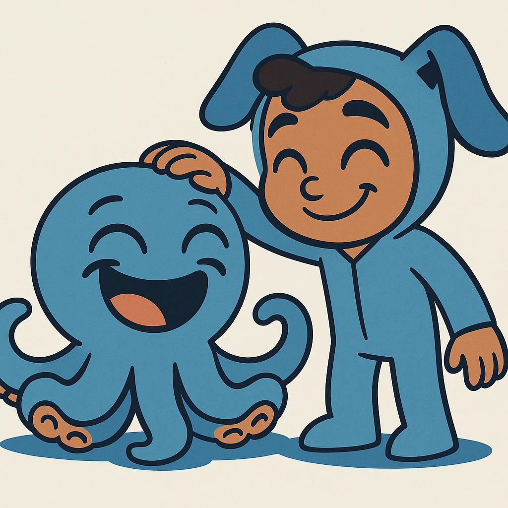 Change the octopus to have a laughing expression with closed eyes and big grin, while the human keeps a gentle smile. Cartoon style, keep the same pose. emoji
