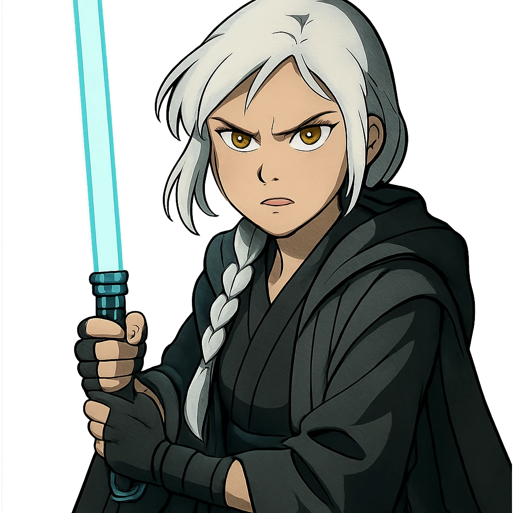  a closeup portrait of young woman with gold yellow eyes, white hair, long braid, black off-shoulder top, punk gothic style, futuristic cyberwave cyberpunk,  jedi attire and posture robes of a padawan, foreweilding a bright blue-green lightsaber, angry fierce face expression, power stance, 30-90 emoji