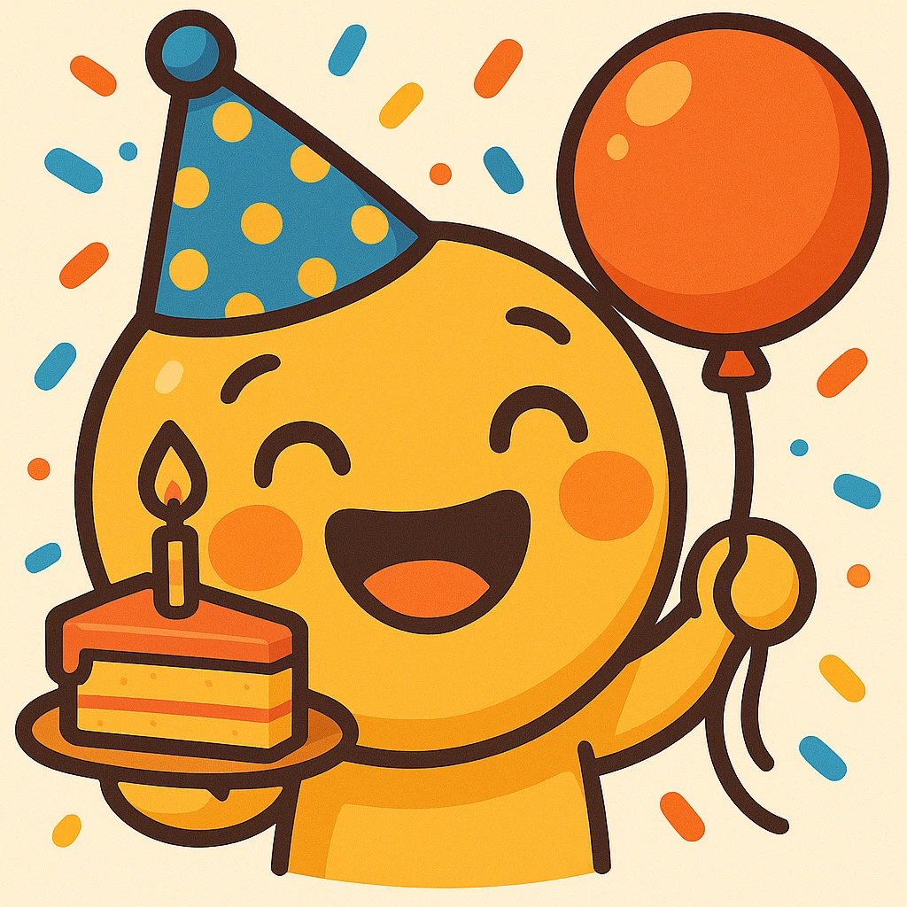 Change the party hat to blue with yellow polka dots, keep the rest of the emoji the same, bright cartoon style with confetti background. emoji