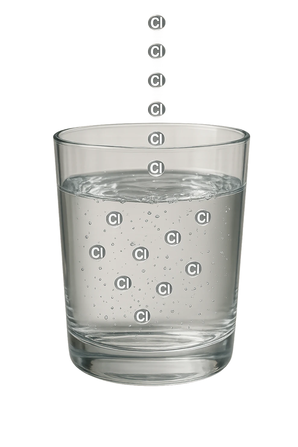 un bicchiere di acqua fluttua in aria realistico e dettagliato, dentro l'acqua del bicchiere ci sono particelle di cloro ben visibili con la scritta "Cl" sopra, ci sono particelle anche che escono dal bicchiere e fluttuano in aria verticalmente, mentre alcune sono all'interno dell'acqua nel bicchiere, iperrealistico 4k emoji