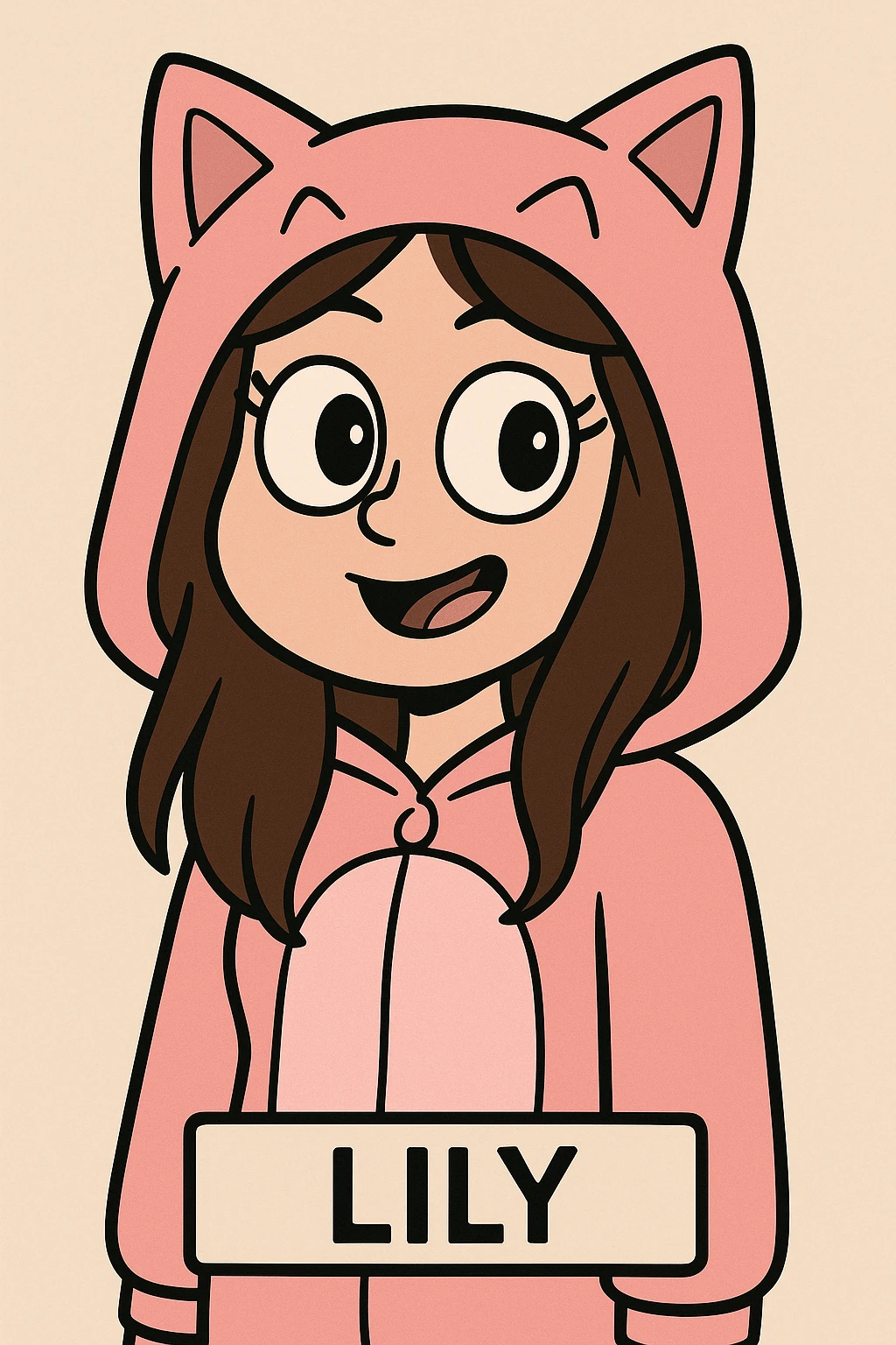 cartoon face of Lily inspired by the reference image, pink cat onesie hood, big brown eyes, long brown hair emoji