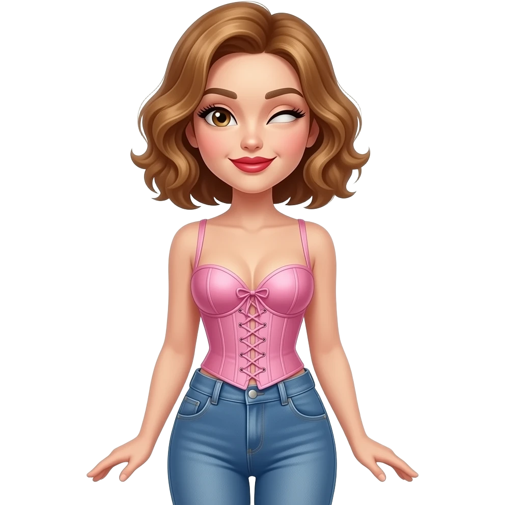 white, very beautiful woman, with big plump red lips, long long lashes, honey wavy short hair, hazel eyes, winking and a look of ‘hmm’ on her face.  full body.  Wearing a pink corset & blue jeans emoji