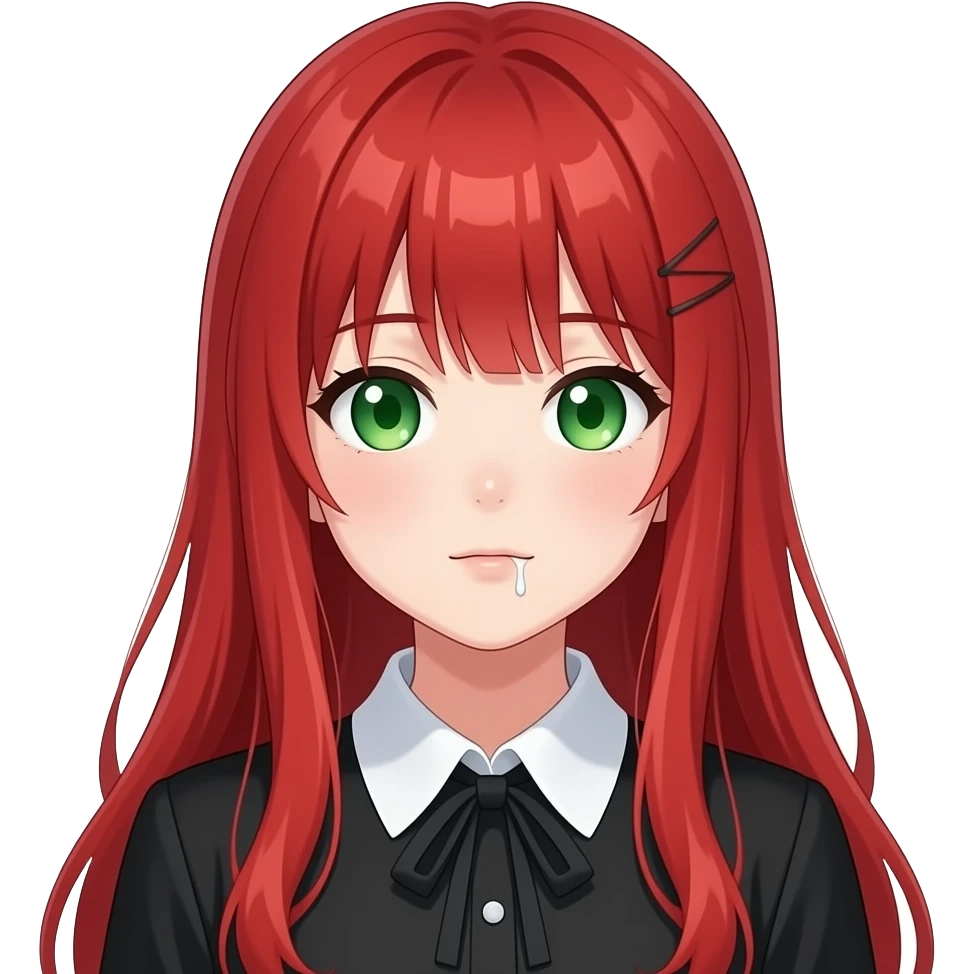anime girl drooling long red hair green eyes black blouse with white collar emoji