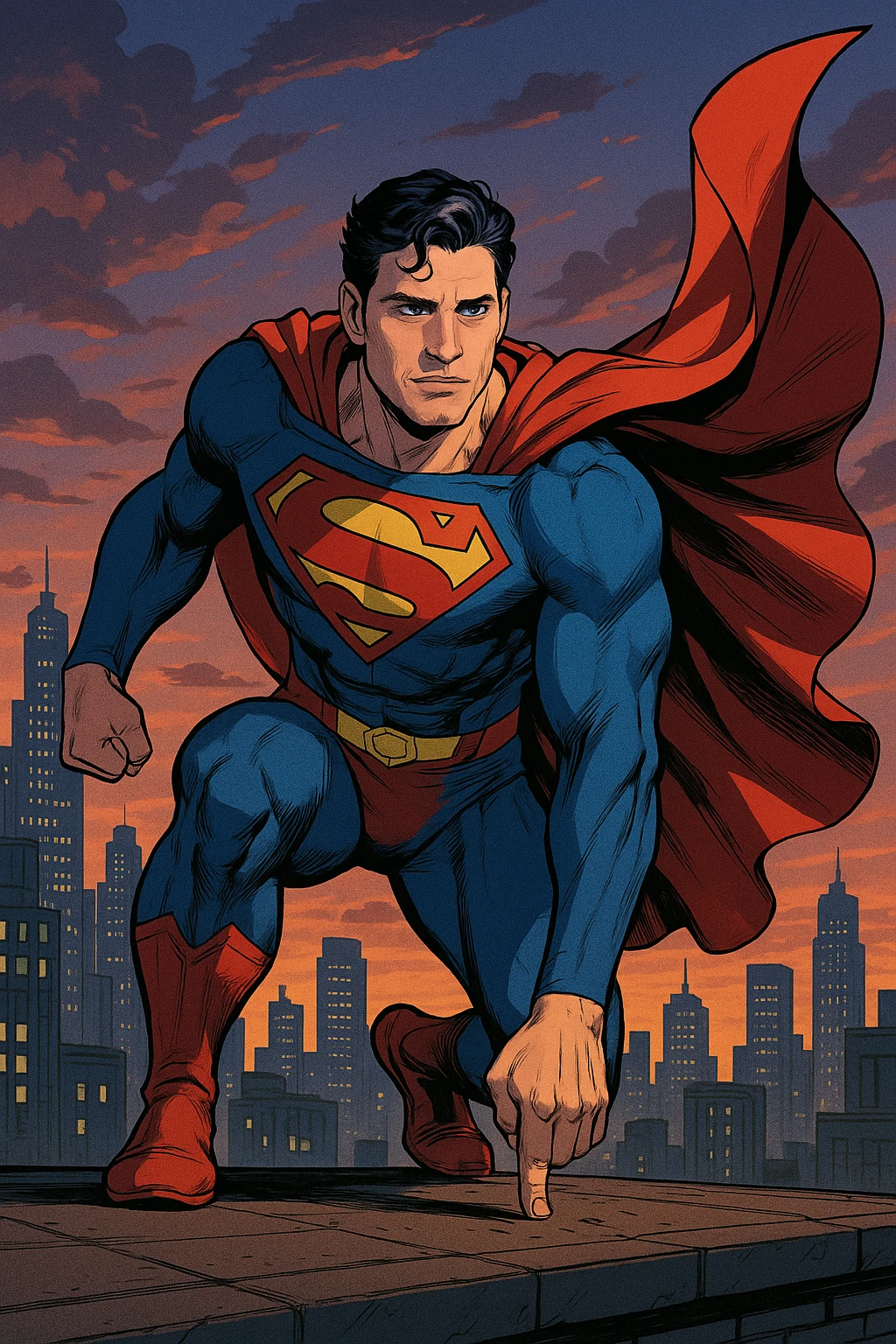 David Corenswet as Superman, landing pose, fist to ground, cape billowing, city skyline background, modern comic book style emoji