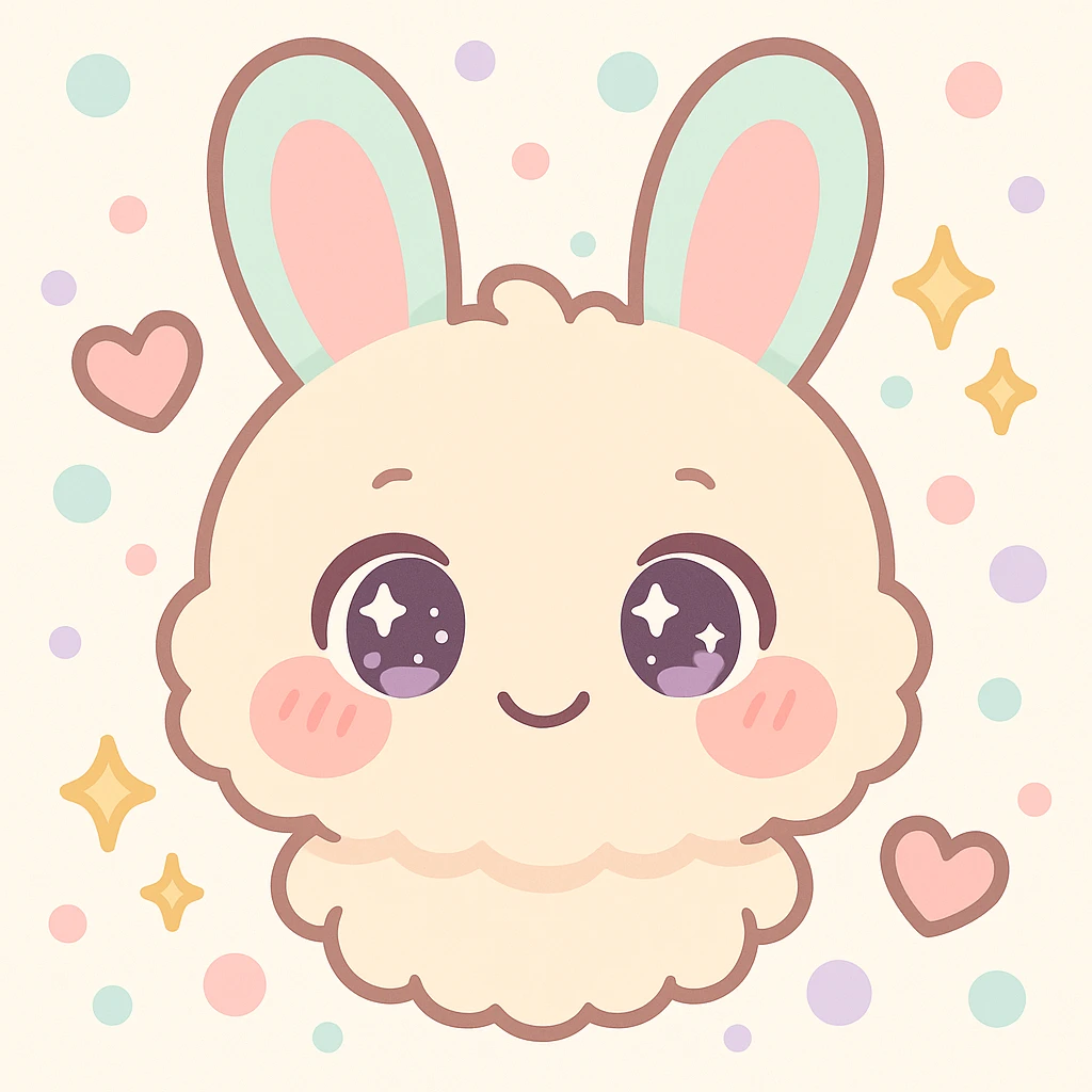 kawaii chibi-style bunny emoji with shy mood, round fluffy face, sparkly eyes, blushing cheeks, pastel color palette, soft rounded design, anime-style, sparkles and hearts, vector art, transparent background emoji
