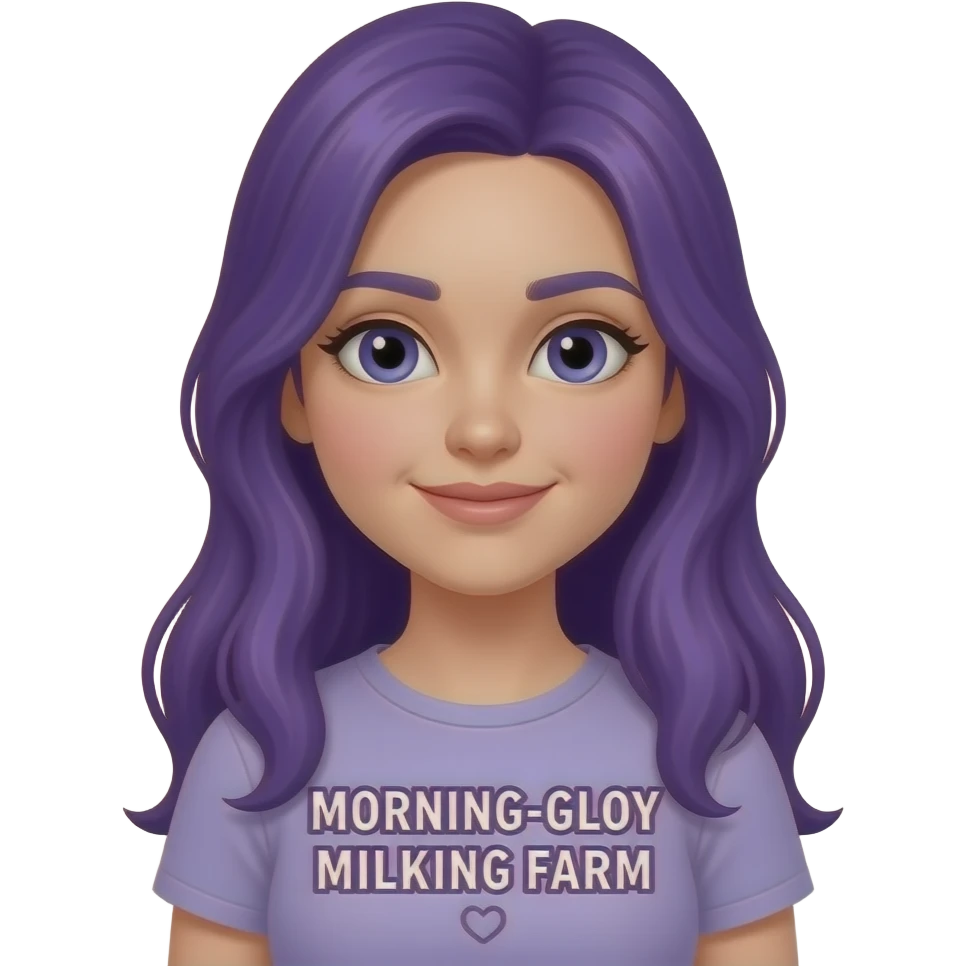 girl with long purple hair with a MORNING-GLORY MILKING FARM sign emoji