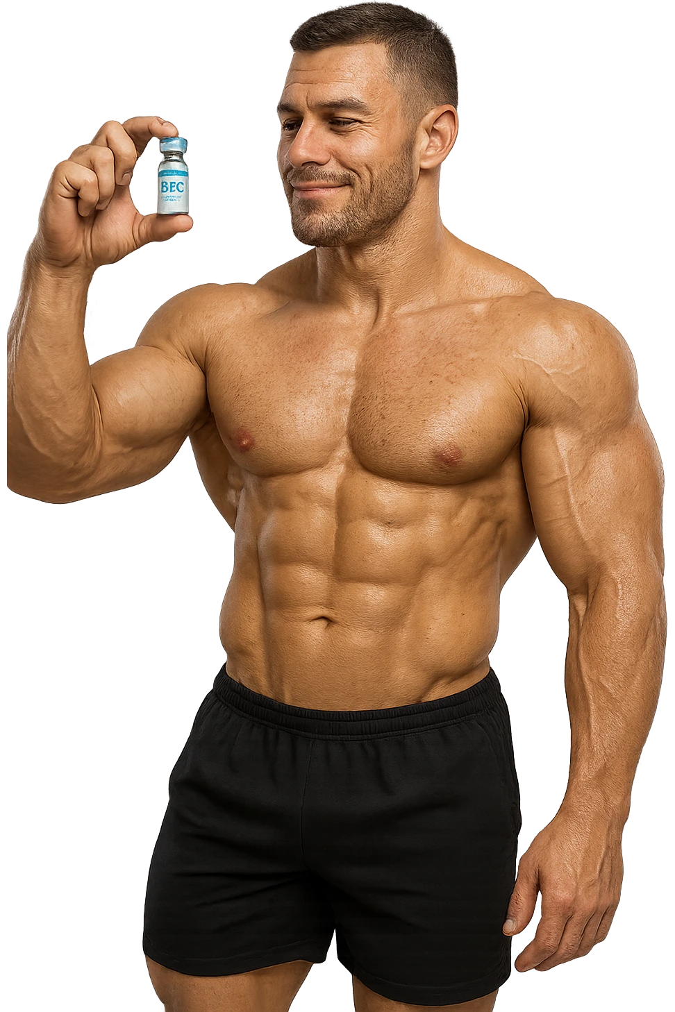 BODYBUILDER A FIGURA INTERA CHE TIENE IN MANO UNA FIALA MEDICA CON la scritta "BPC 157" SULL'ETICHETTA E LA GUARDA SODDISFATTO, iperrealistico 4k emoji