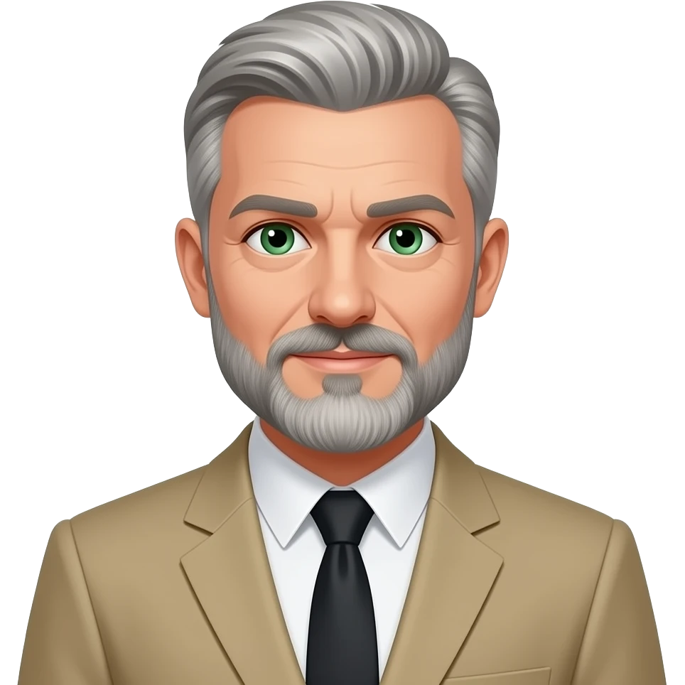 homme d'honneur avec barbe et cheveux poivre et sel yeux vert en costume beige, sans rides emoji