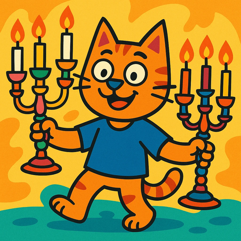 whimsical and clear composition of a cat holding three ornate lamps, each lamp has three arms emoji