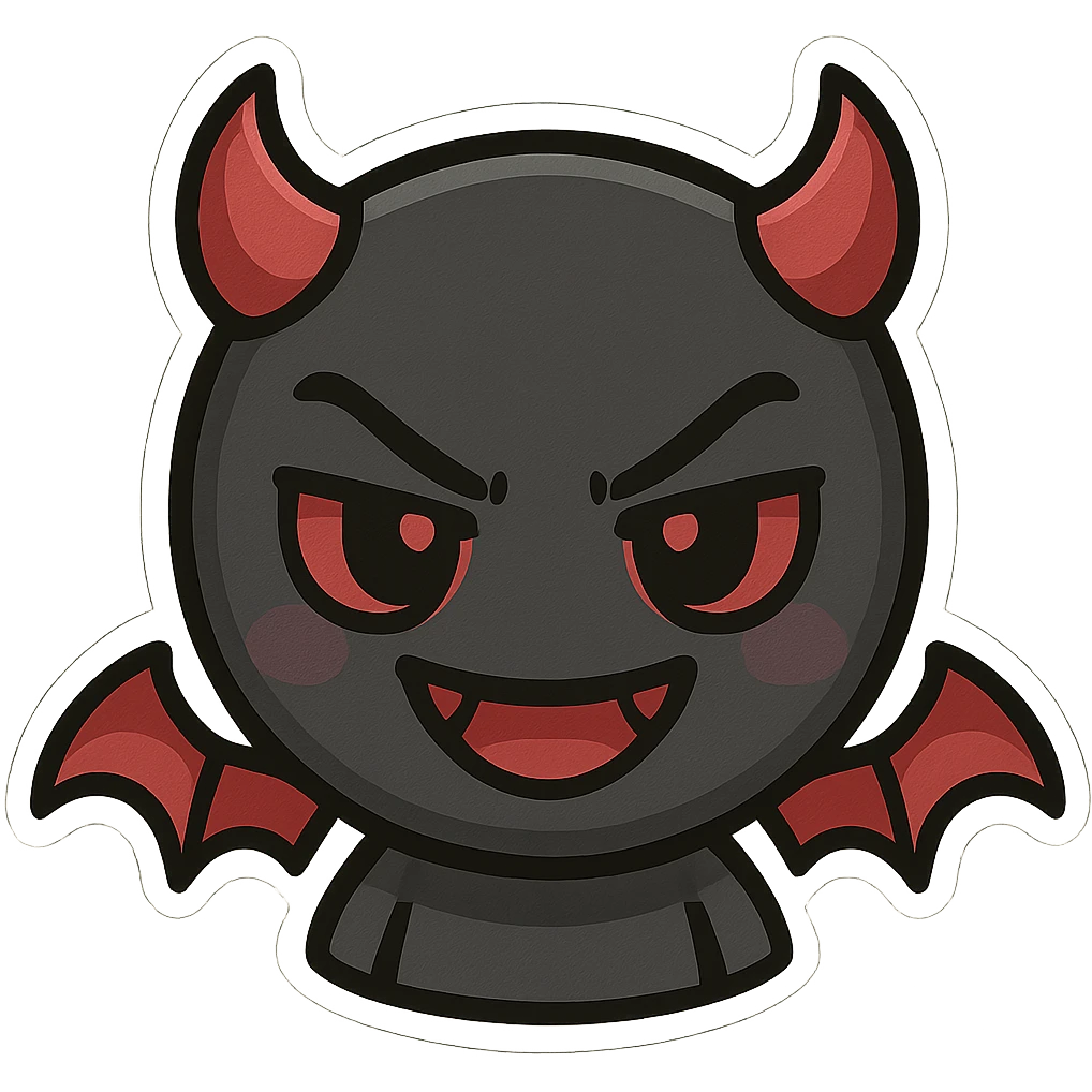 devil emoji in chibi style with gothic palette black and red, small horns, mischievous grin emoji