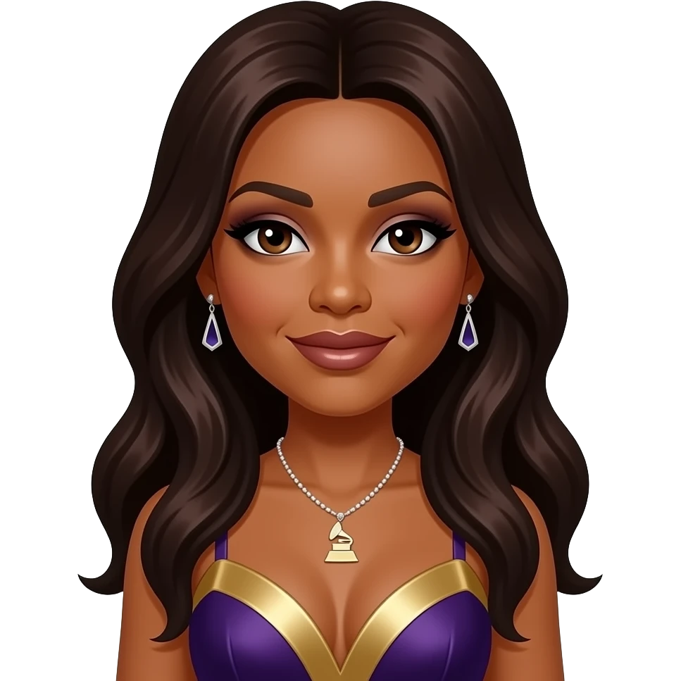 Cheryl "Coko" Gamble from SWV with dark brown eyes, long dark brown hair, dark brown eyeshadow and lipstick, dark purple and gold grammy dress, necklace and earrings emoji