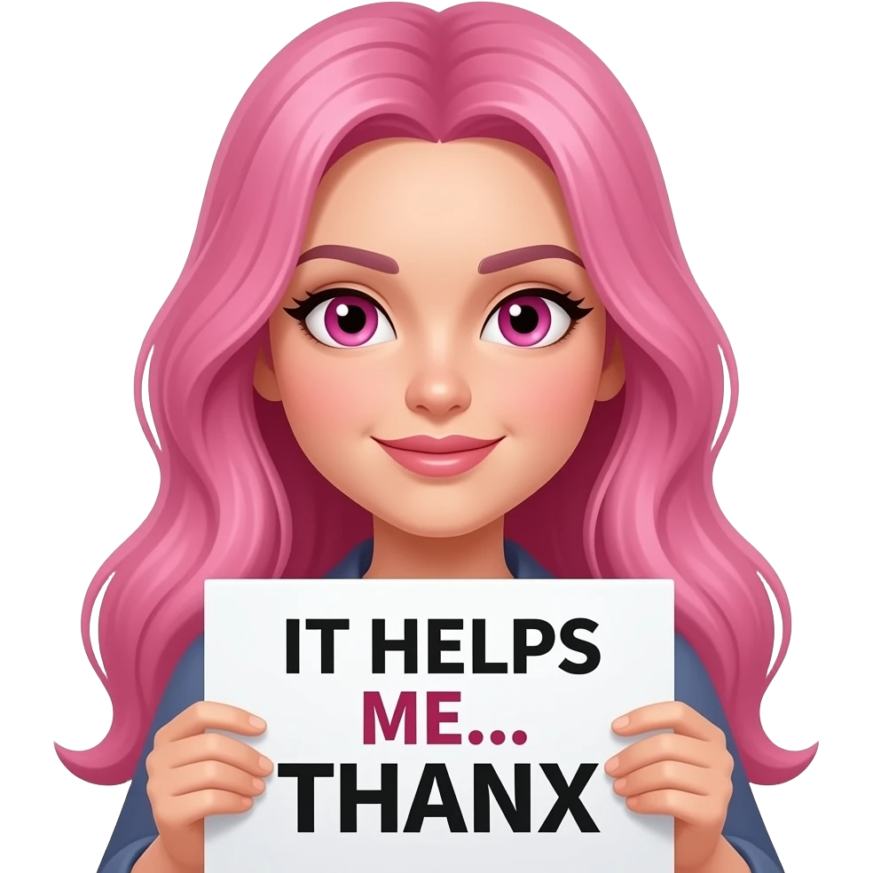sexy girl with long pink hair and pink eyes wearing a holding a IT HELPS ME... THANX sign emoji
