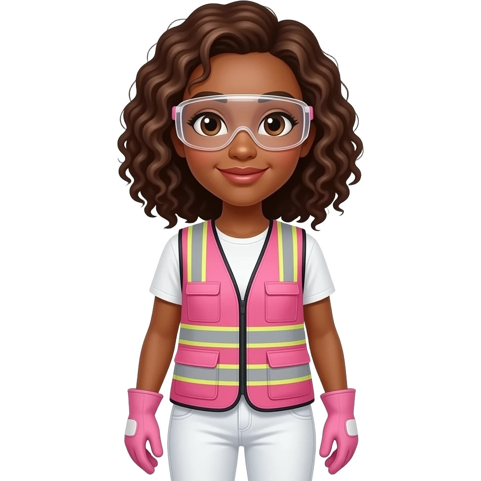 African American woman with brown eyes with shoulder length curly wavy light brown wearing pink and clear safety glasses wearing a pink construction vest wearing white pans wearing pink construction vest wearing white pants wearing pink construction gloves emoji