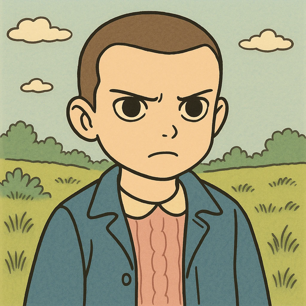 Create a version of Eleven with shaved hair, serious expression, simple and delicate line art as in the reference drawing, colored in pastel tones, with very thick and dark outlines. Style: Ghibli. Format 1:1. emoji