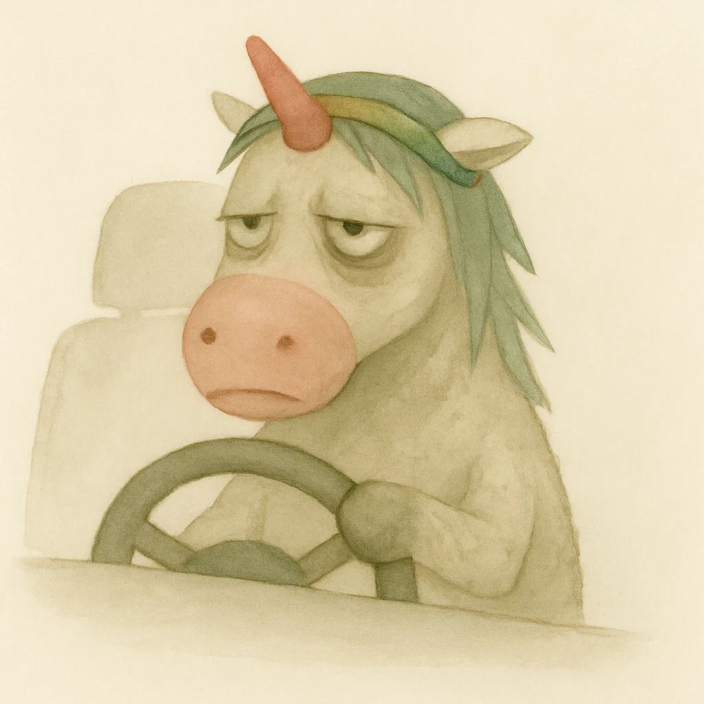 Place a dirty, crumpled unicorn with bags under its eyes, a drooping horn, and a bright shiny headband behind the wheel of a car in a watercolor art style. Maintain the watercolor style and the unicorn's described features. emoji