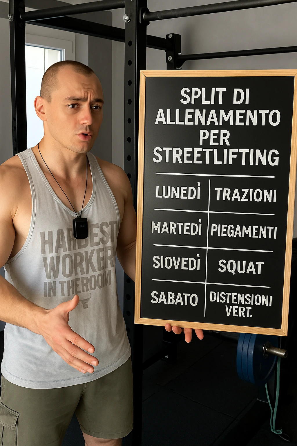 uomo che spiega alla lavagna la "Split di Allenamento" per lo streetlifting. tutto in italiano emoji