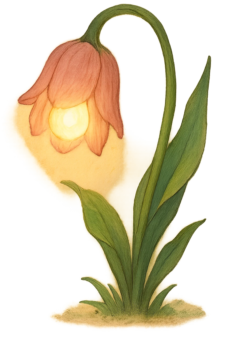 a lamp made out of a tulip flower, the bulb in the flower, drooping over, natural colors, soft, fairy-like atmosphere, no background emoji