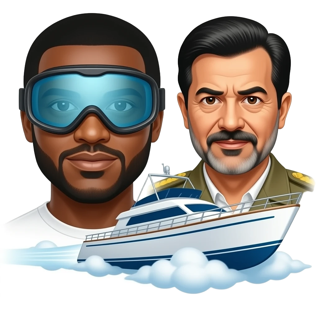Cheer Keef iconic photo with the ski goggles beside saddam Hussein on a boat flying on clouds emoji