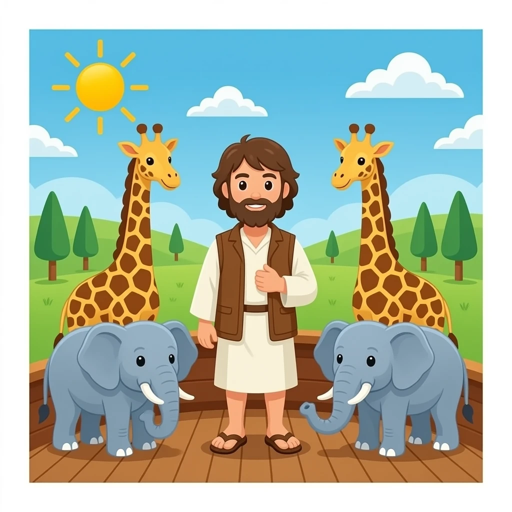 Noah’s Ark with Noah and two giraffes and two  elephants emoji