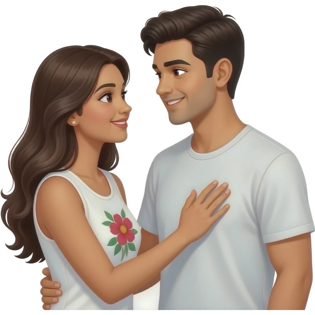 long haired Indian lady in white sleeveless small floral T-shirt holding her hand on boyfriend heart looking at each other lovingly smiling shyly Face to face emoji