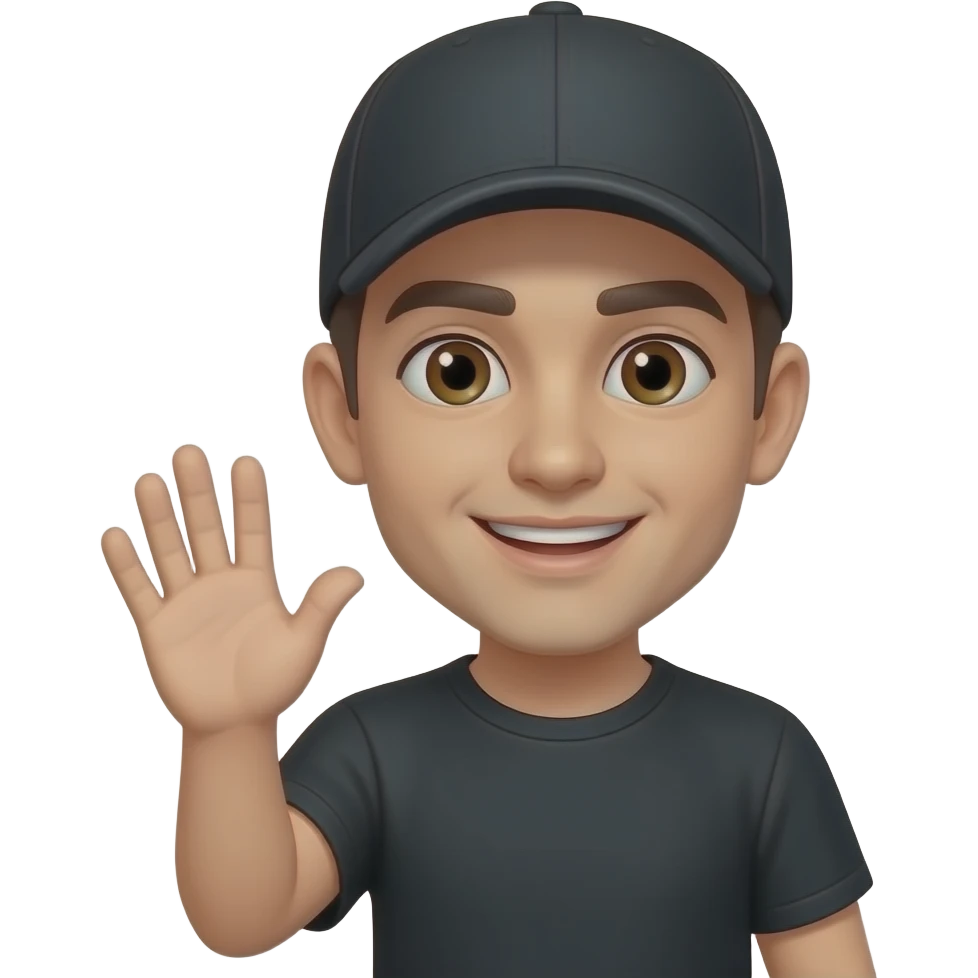 Brown eyes, rock cap, black teeshirt, saying hi emoji