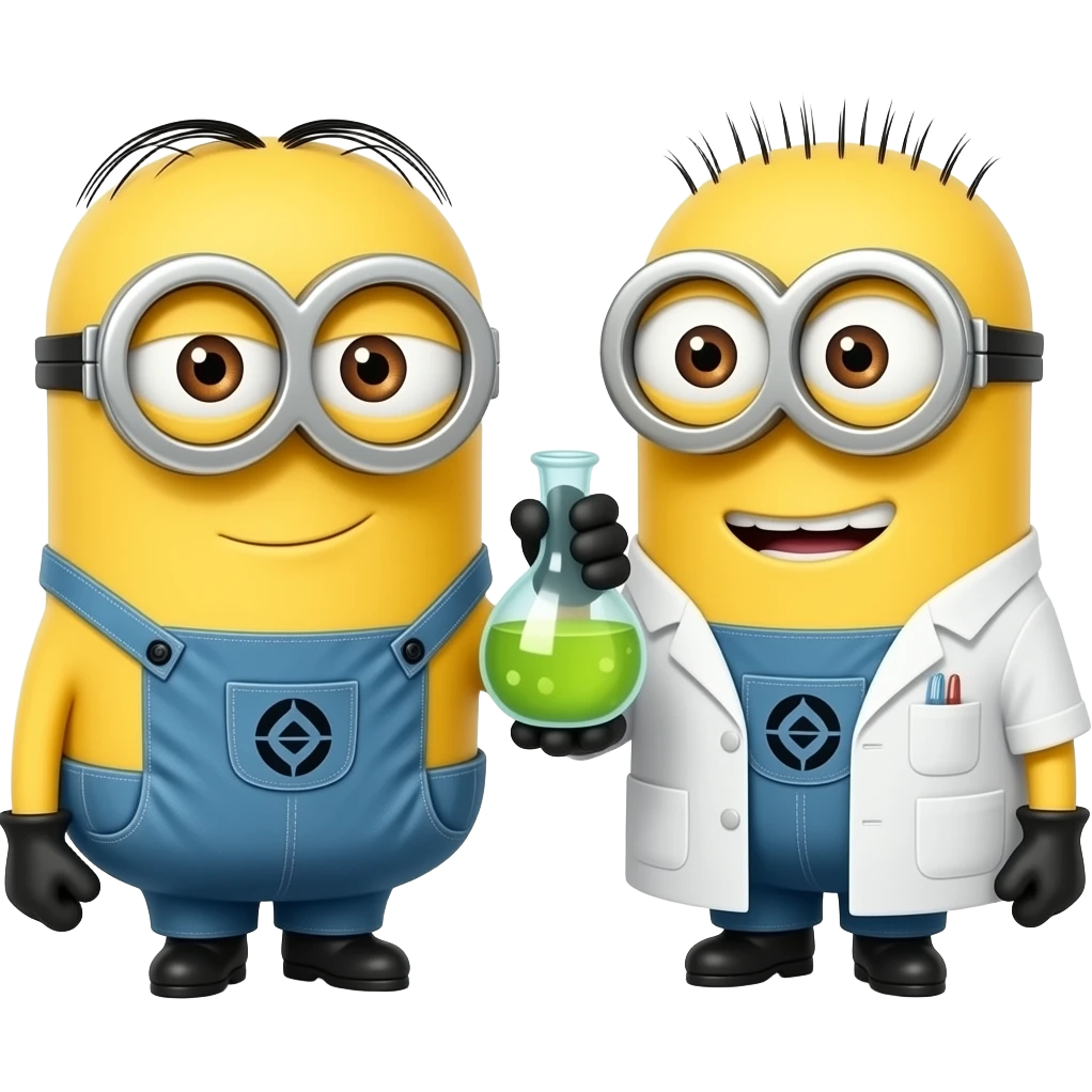 Bob the minion from despicable me with friend Stuart the minion. Both are in lab attire holding a valuable flask emoji