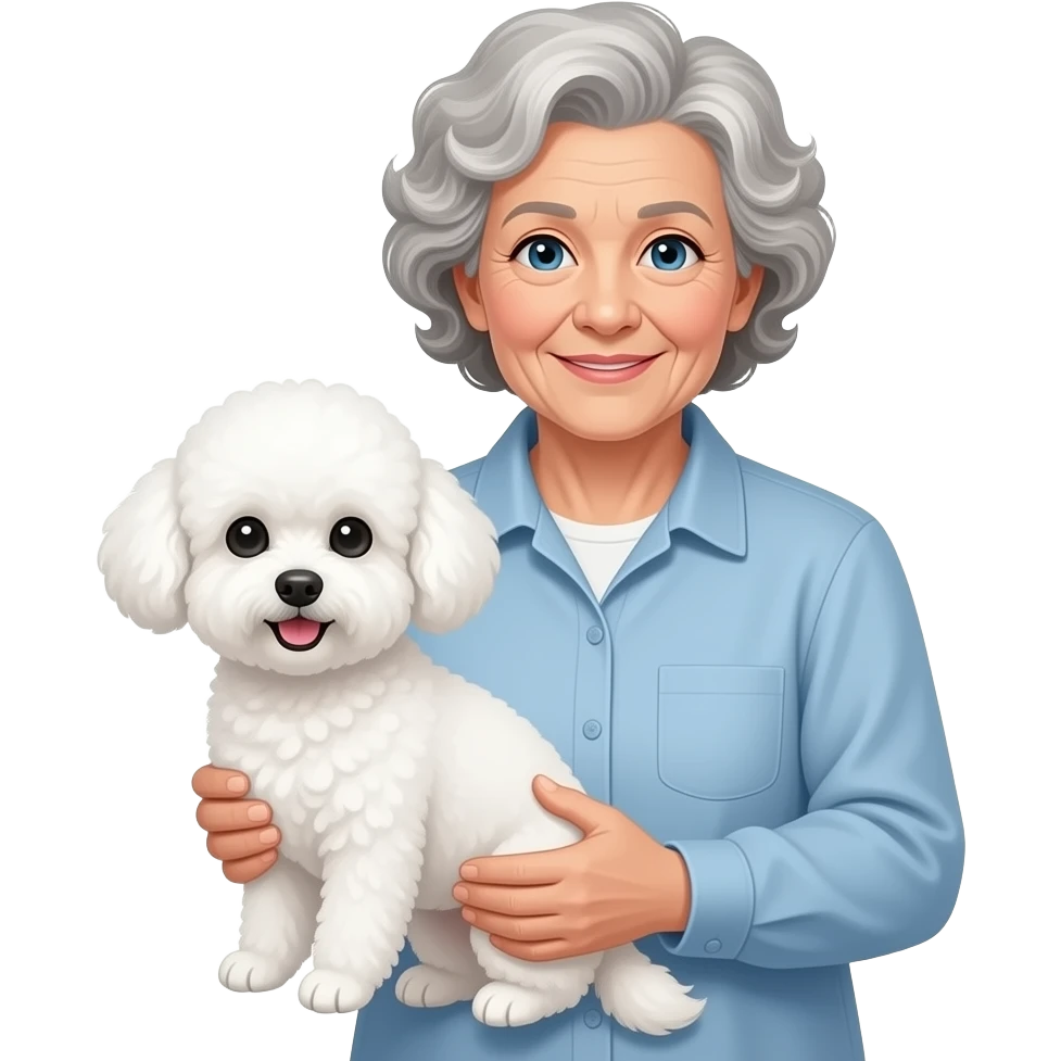 Elder woman curly hair blue eyes having a  white Maltipoo emoji