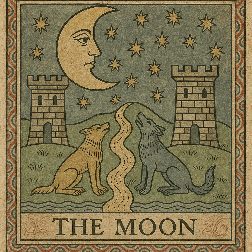 Enhance The Moon tarot card in traditional Marseille tarot style with more vintage details including ornate borders, subtle aging effects, faded colors, and intricate hand-drawn embellishments for a more antique look, maintaining the classic Marseille tarot aesthetic. emoji