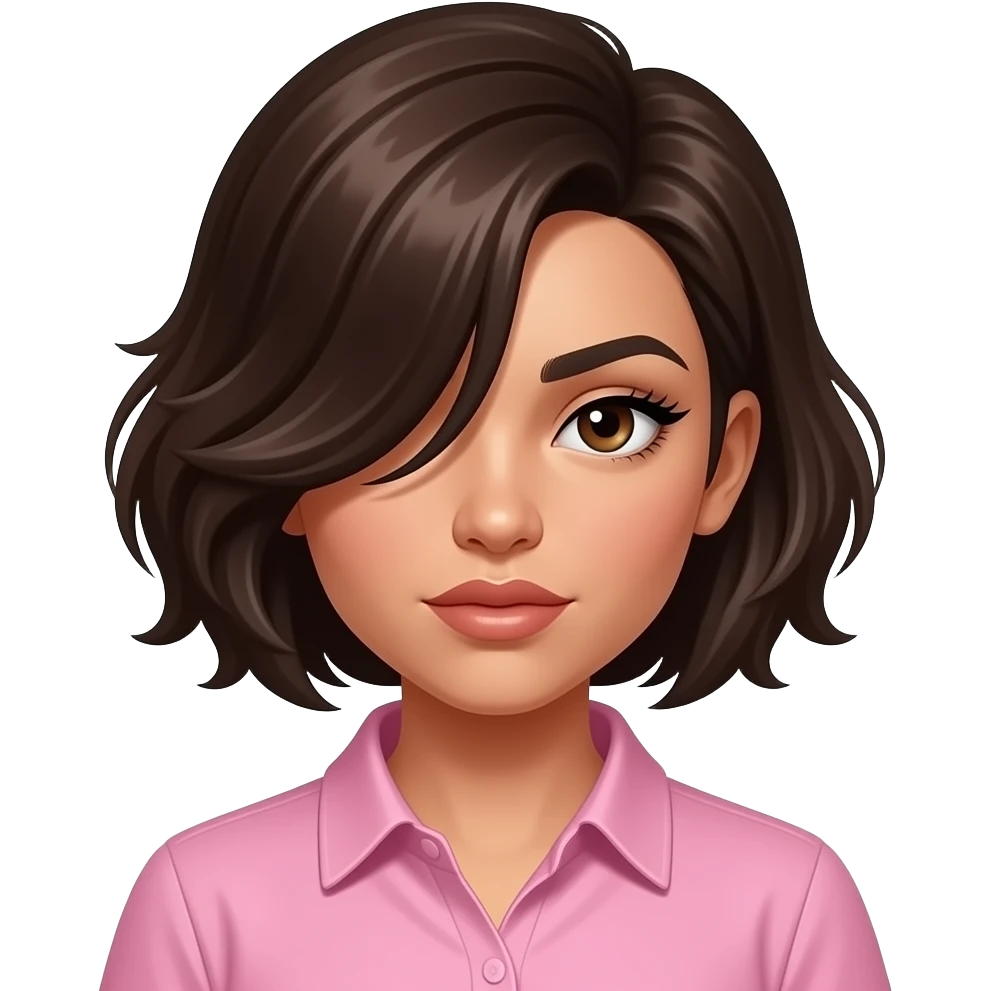 Emo Latina girl with volumized short dark brown hair swept In a side part covering her eye, intense eyeliner and lashes, and pink shirt emoji