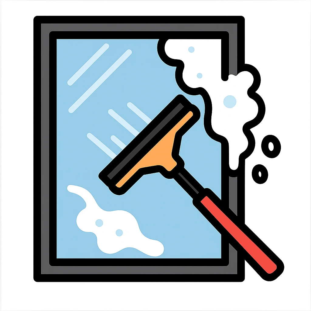 flat toon style window being cleaned, bold lines, simple colors, squeegee in action emoji