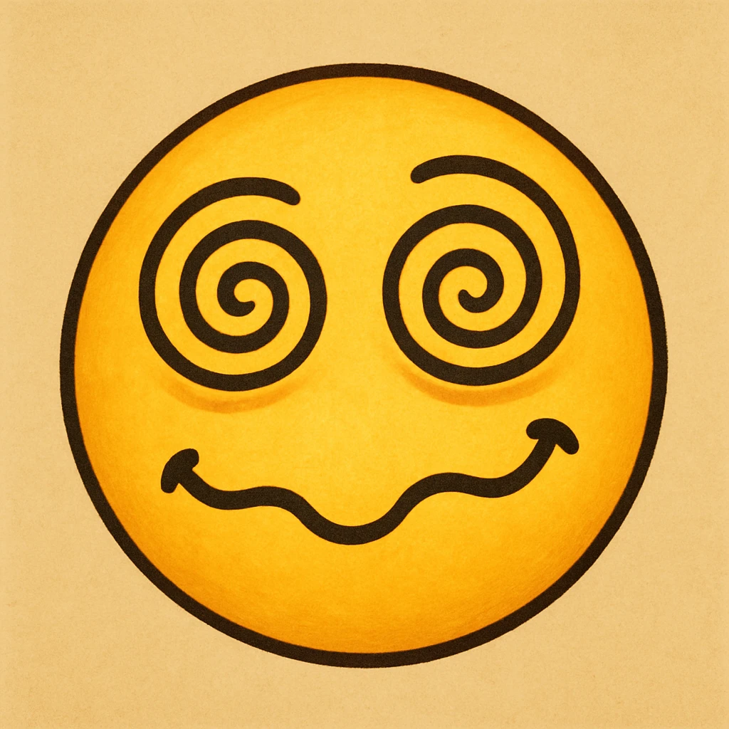 yellow face with dizzy spiral eyes, crooked smile, drunk expression emoji