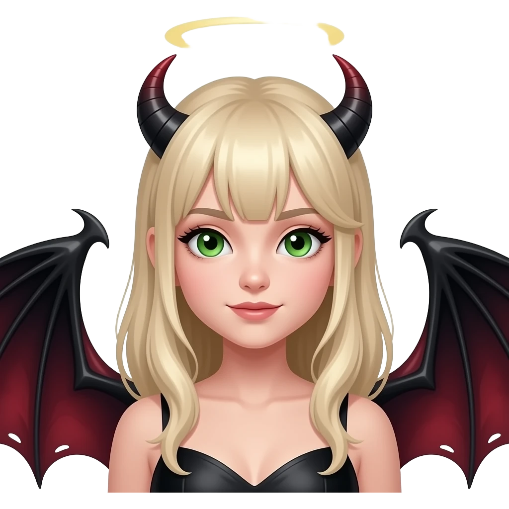 Make an emoji of a pretty, green eyes, blond hair without bangs, white girl with an angel halo, but devilish and dark everywhere else with dragon wings emoji