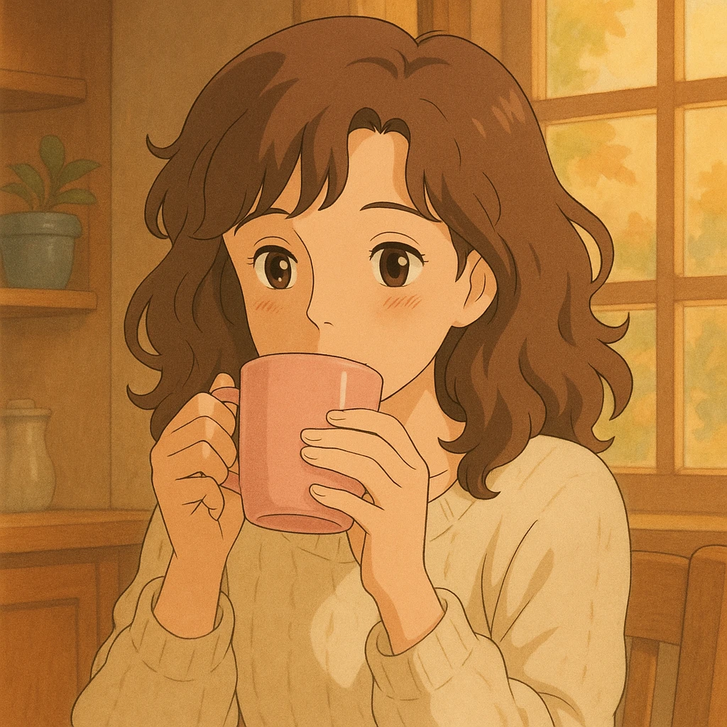 light-skinned woman with wavy brown hair, drinking coffee from a pink cup, ghibli style emoji