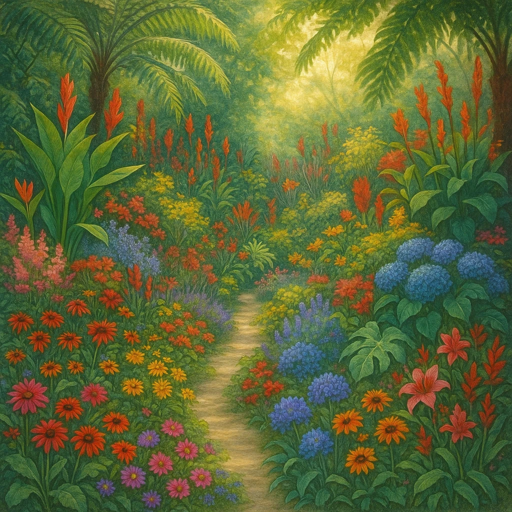 A lush botanical garden with diverse plants and flowers, vibrant and detailed, inviting atmosphere emoji