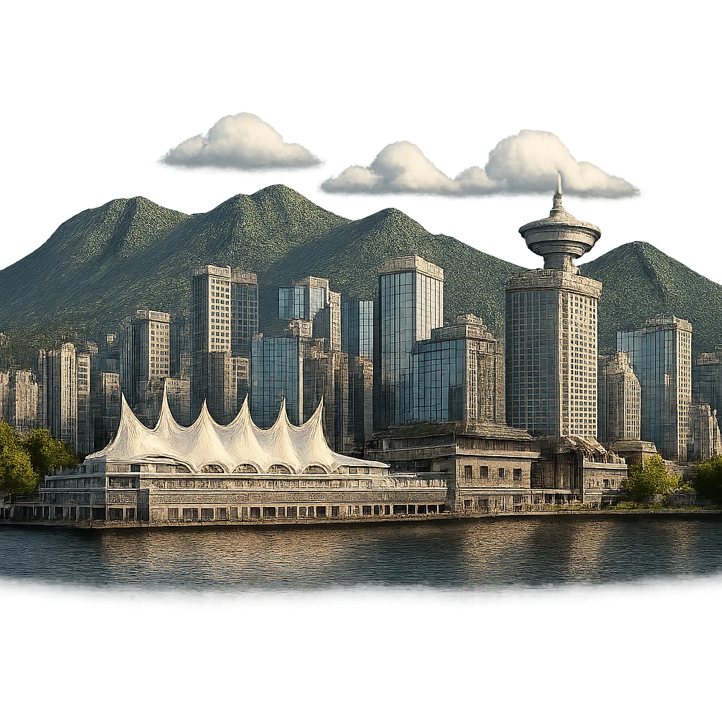 cinematic, realistic emoji of Vancouver skyline with iconic landmarks such as Canada Place, the Vancouver Lookout, and mountains in the background, lifelike detail, accurate colors, bright lighting, wide city view, fully transparent background emoji