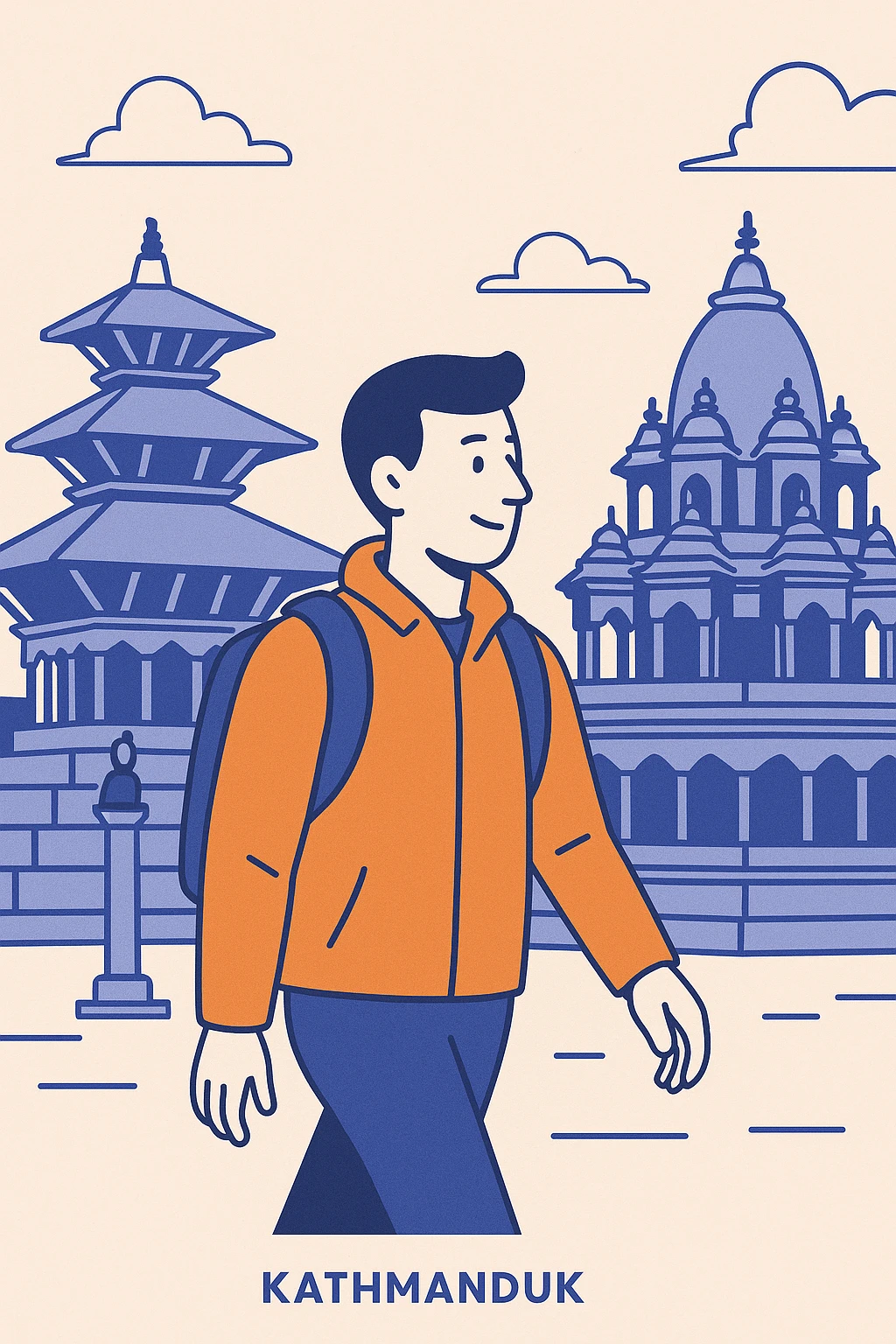 minimalist design of a man in an orange jacket with a backpack, walking through Kathmandu Durbar Square, surrounded by traditional temples, city tour, cultural site emoji