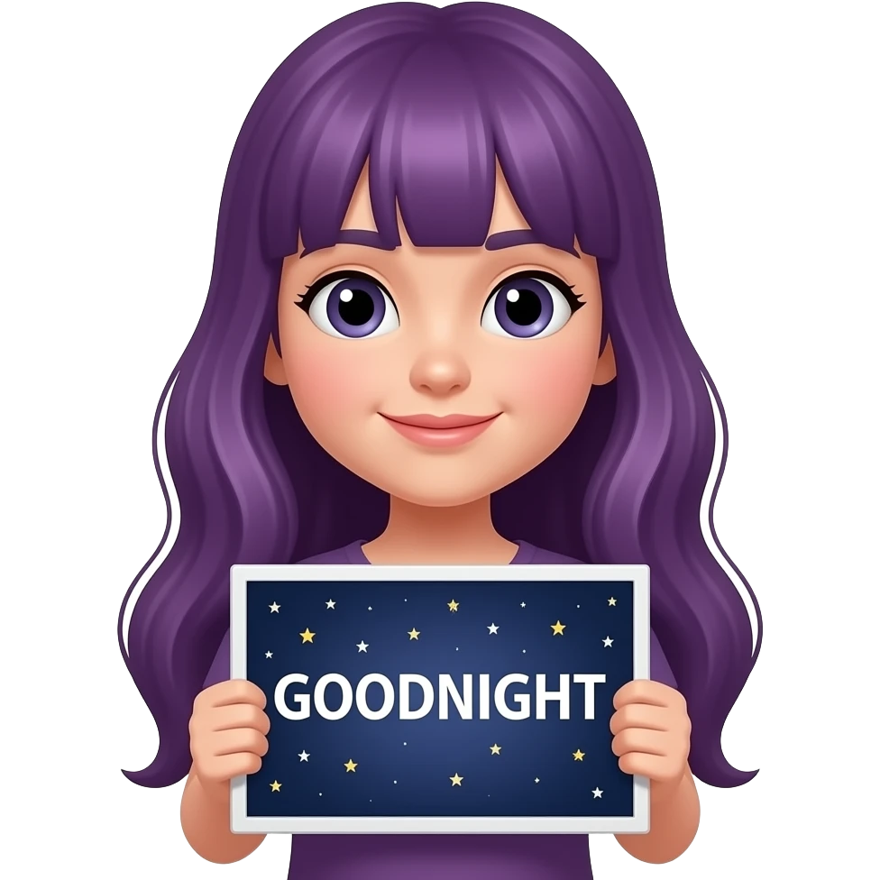 girl with long purple hair with a GOODNIGHT sign emoji