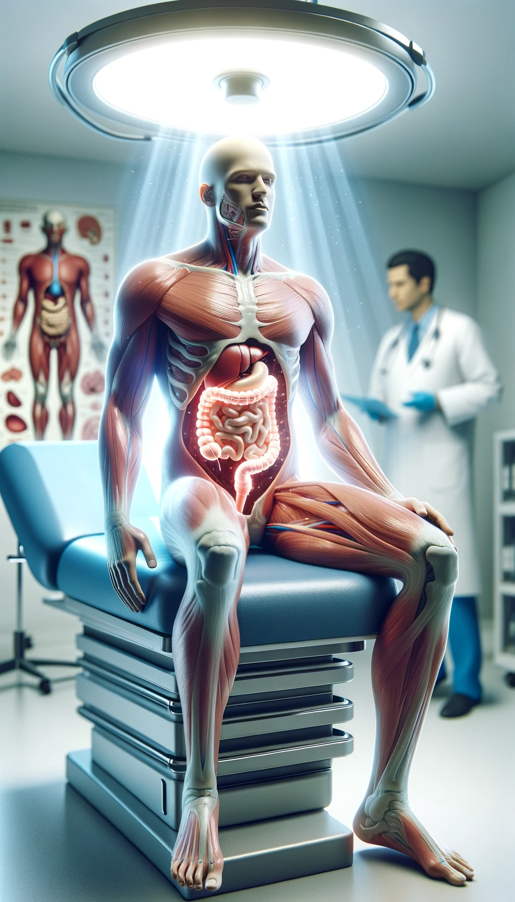 corpo umano anatomico seduto in uno studio clinico su un lettino con intestino umano anatomico visibile, sopra di lui lo illumina una luce, di spalle c'è un medico sfocato, sfondo chiaro iperrealistica 4k emoji