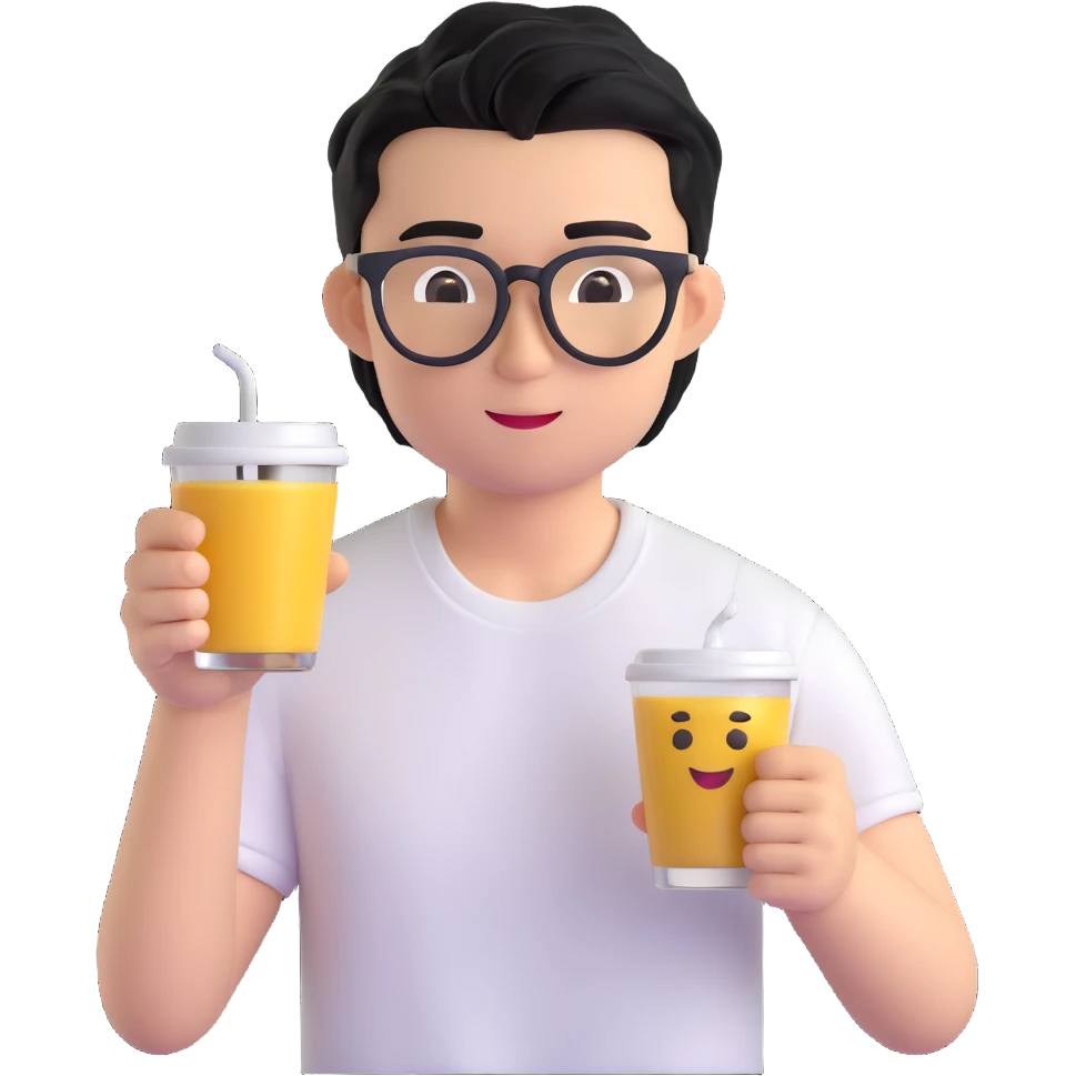 young handsome Asian man with black coffee colored hair, wearing white T-shirt, black framed glasses, holding glasses, very smart, 3D emoji style emoji