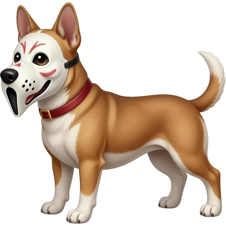 A dog wearing a murrder mask with knife emoji