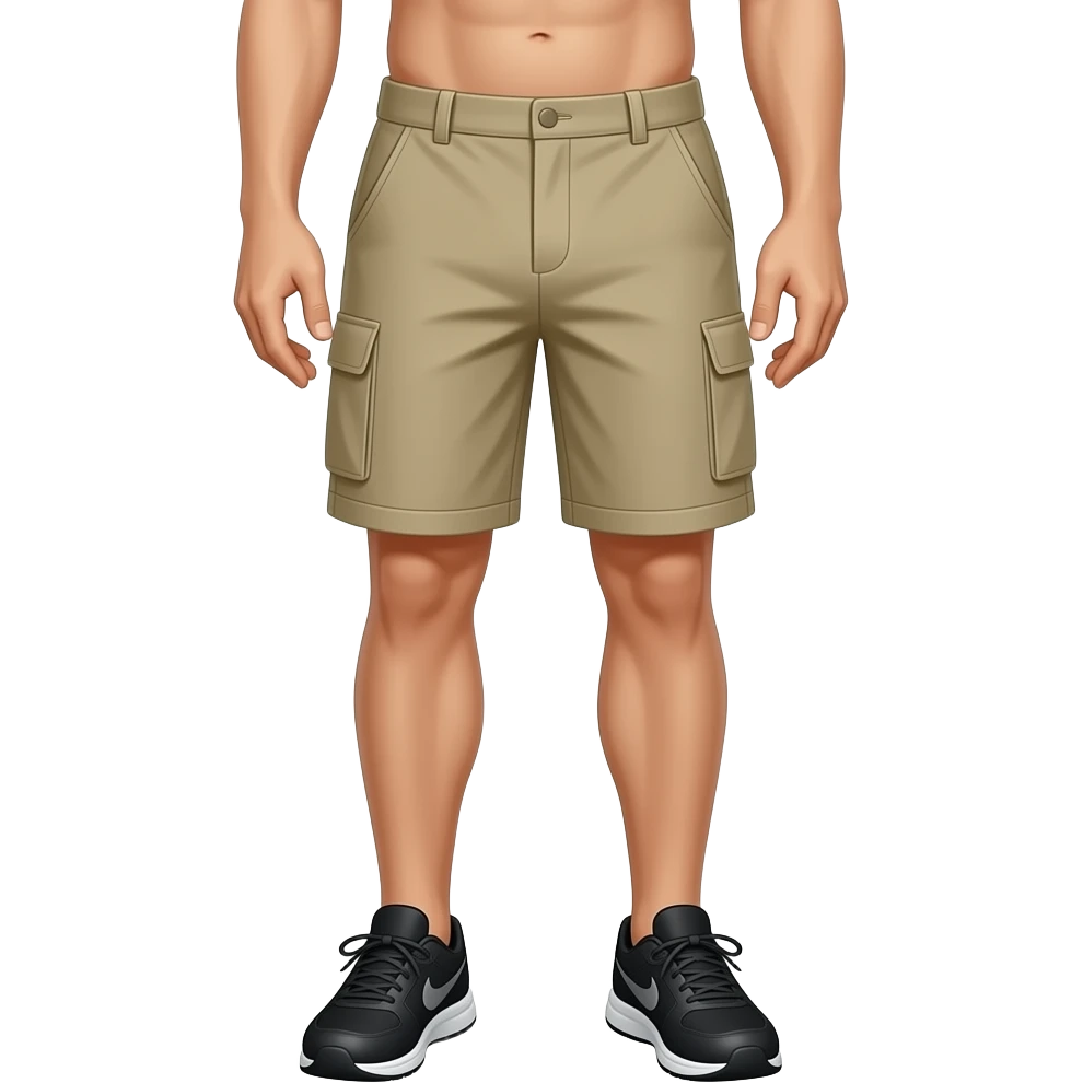 black running shoes, bare legs and beige cargo shorts from the waist down emoji