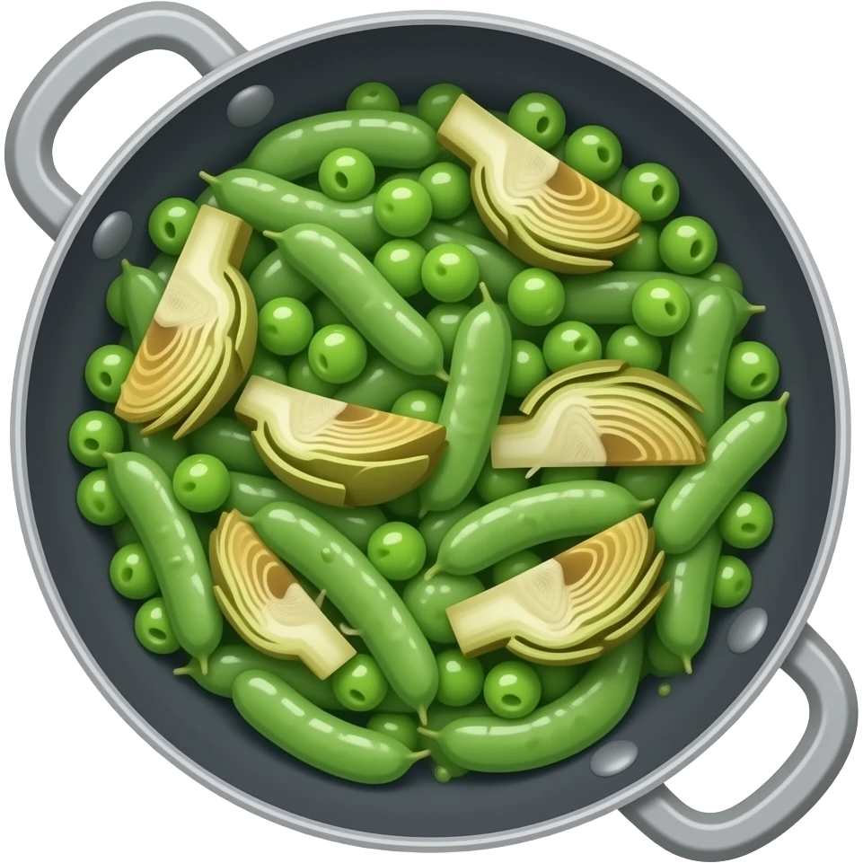 שעועית ירוקה, תחתיות ארטישוק ופול ירוק מוקפצים בשום ושמן זית ב זווית של 445 מעלות emoji
