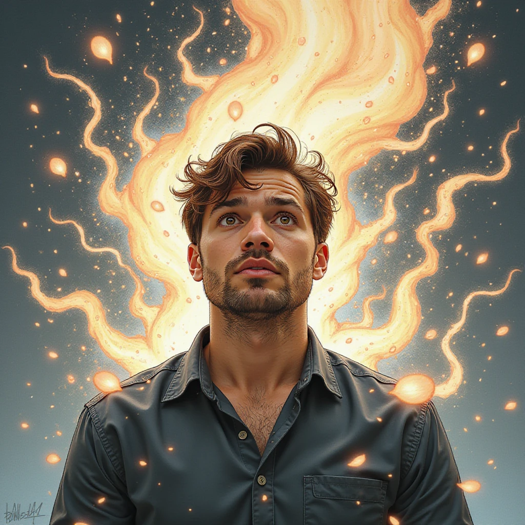 realistic illustration of a person surrounded by swirling creative energy, looking inspired but slightly overwhelmed, with hints of exciting projects in the background emoji
