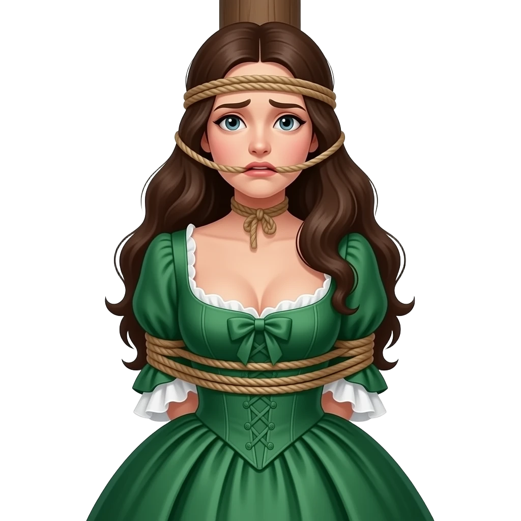 Brunette woman in emerald green 1770s gown with long flowing hair, looking distressed, ample bosom, gagged and bound to tall post, with lower rope tied just beneath bosom and another upper single rope tied around her head at mouth level. Upper rope around mouth level only! emoji