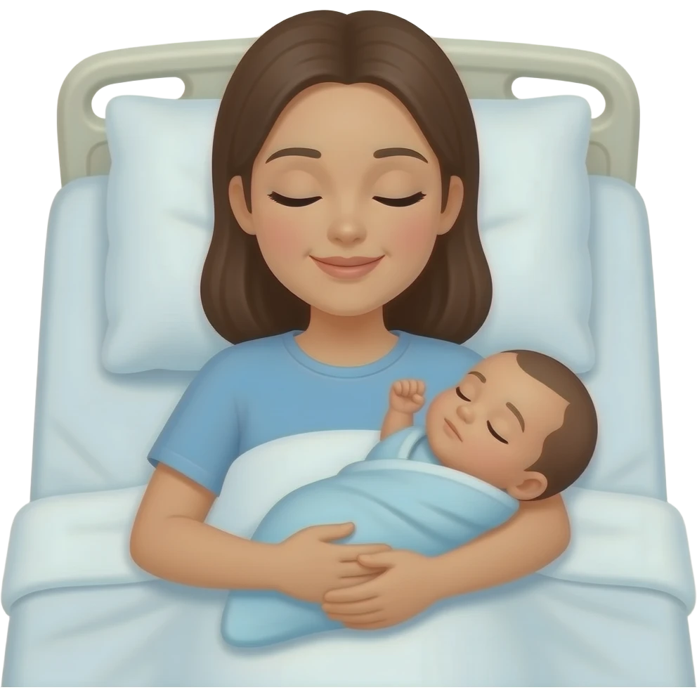 A mother on hospital bed with newborn baby boy with the baby's eyes closed and no hair emoji