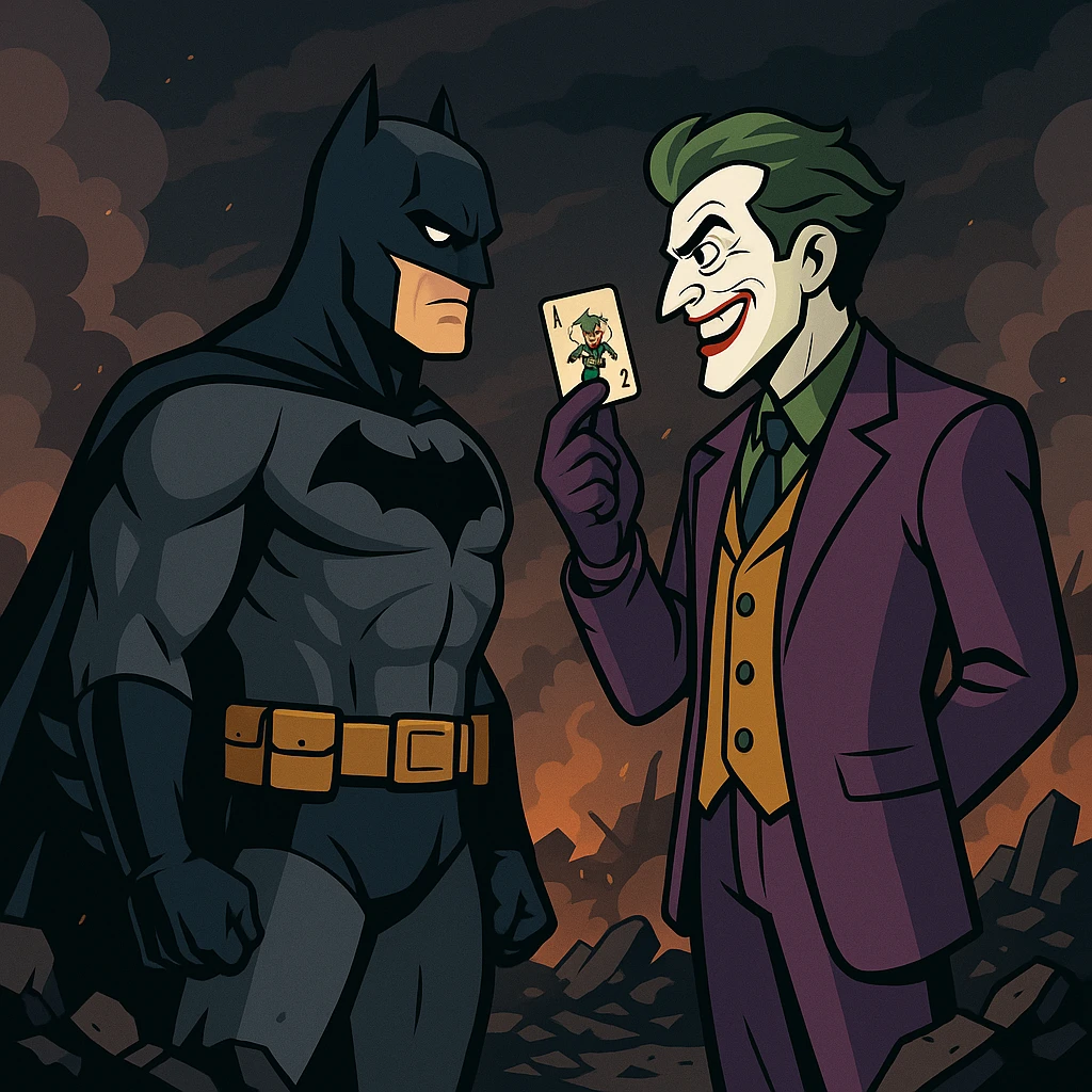 vector art of batman and joker, battleground background 
 emoji